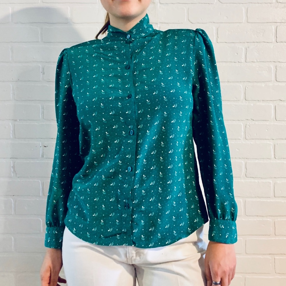 70s Green Paisley Top Button Up Top Shirt Size S M